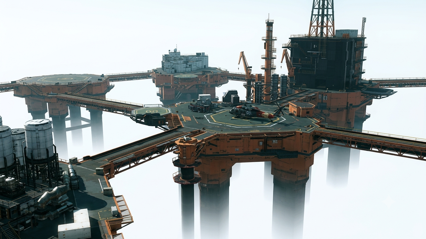 A detailed photograph of the sprawling, multi-platform offshore facility, Mother Base from Metal Gear Solid V: The Phantom Pain (based on image_1.png, image_3.png, and image_4.png), but transposed to an entirely different dimension. The facility, with all its connected orange and black hexagonal platforms, bridges, and tower structures, floats in a boundless, ethereal, and dimensionless realm. The sky is a stark, bright, infinite white that provides no sense of horizon. The structures are suspended in this white expanse, with no ocean visible below; only a continuation of the white void and perhaps the lower pillars fading into it. The atmosphere is quiet and otherworldly, with a single, stationary Diamond Dogs helicopter on a landing pad.